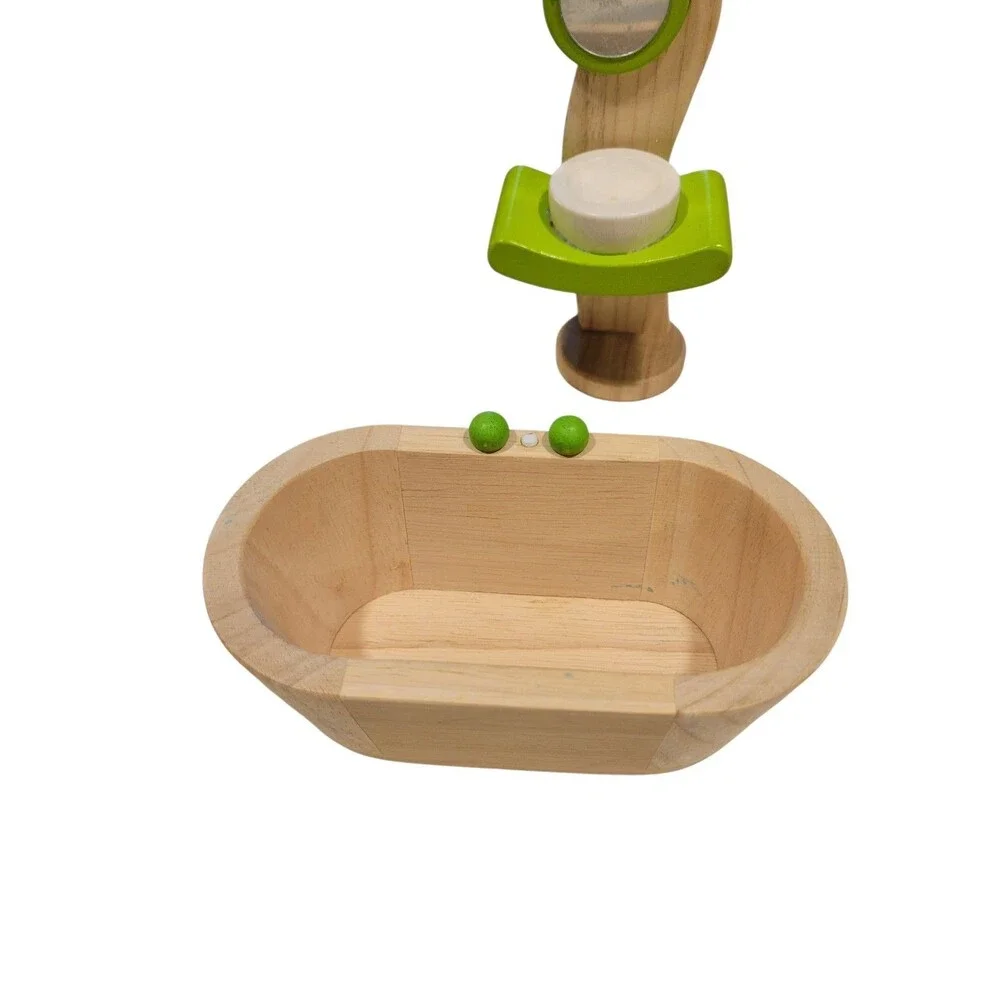 Plan Toys - Wooden Dollhouse Furniture Lot - Bathroom Sink Toilet Bathtub + More